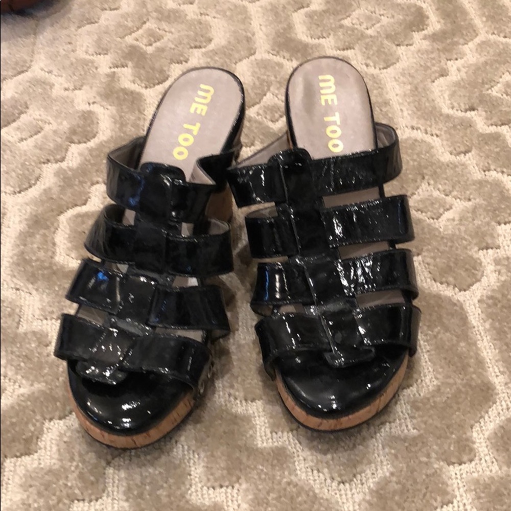 Me too black patent wedges
